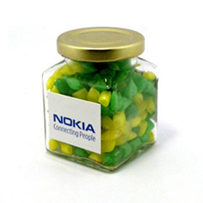 Corporate Coloured Humbugs in Square Jar 140G