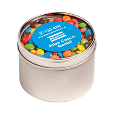 Small Round Acrylic Window Tin Fillled with M&Ms
