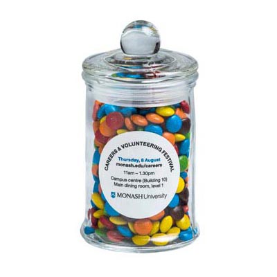 Small Apothecary jar filled with Mini M&Ms