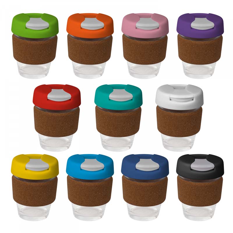 Small Glass Karma Kup Cork Band Plastic Flip Lid 235ml